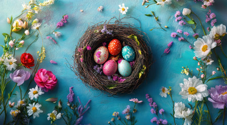 Colorful Easter eggs in an intricate nest, surrounded by spring flowers on a blue background. --ar 9:5 --v 6.1 Job ID: 92d72be0-e6ad-4e7d-ab82-e871e4bd00a8の素材