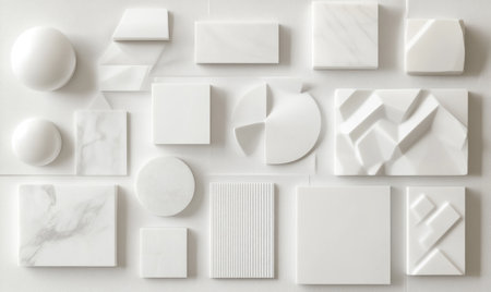 3D rendering of various white geometric shapes on a grey background. Abstract minimalistic design with simple geometric forms, white backdrop. Flat lay, top-view composition for product presentation in an e-commerce concept. Close-up shot. --ar 5:3 --v 6.1 Job ID: 218f9670-a7fc-4be8-bf26-52fd4877718bの素材