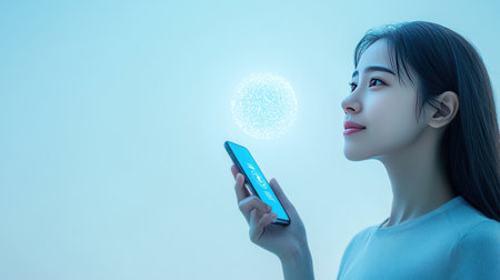 A young woman holding an AI logo and icons representing technology, education, and training on the background of her smartphone screen with a light blue color. The concept is about artificial intelligence for students to study online or remote learning in the future. Photo-realistic, 3D rendering, 50mm lens. --chaos 30 --ar 16:9 --v 6.1 Job ID: 43602913-2d3f-4378-b5f0-5da6723abf10の素材
