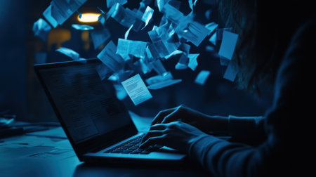 A person typing on a laptop with digital documents floating above, symbolizing online document management and electronic dental forms for an advertising banner. --chaos 30 --ar 16:9 --v 6.1 Job ID: dd8a8707-4eea-4754-97e3-c9a86c381df9の素材