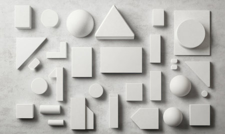 3D rendering of various white geometric shapes on a grey background. A minimalist abstract concept illustration with copy space, perfect for web design and print materials. Flat lay style. The focus is on the arrangement of objects in different sizes and their depth effect. --ar 5:3 --v 6.1 Job ID: 42b8230c-e587-4f02-8b01-affead601d8aの素材