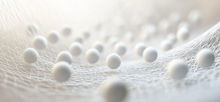 3D render of white spheres with a thin mesh texture on a light background, in a 2D illustration style, with a minimalistic design, close-up view, soft lighting, and high resolution. --ar 32:15 --v 6.1 Job ID: dcd09f99-1562-4a3b-a6cf-04a0f7b61d46の素材