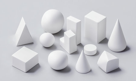 3D render of white abstract geometric shapes on a grey background, isometric view, minimalistic design, monochromatic color scheme, no shadows, simple and clean composition, focus on the shapes and their arrangement in an artistic pattern, high resolution. --ar 5:3 --v 6.1 Job ID: 258f9258-d58a-446e-9175-29e4bea75de5の素材