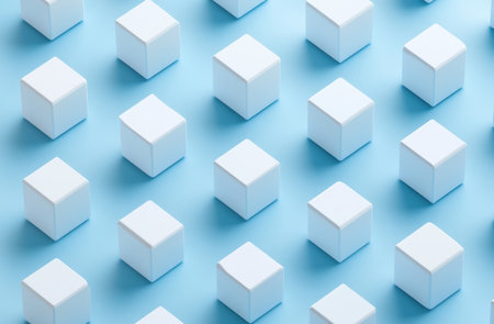 3D isometric cubes on a blue background, in a minimalistic style with simple shapes and a blue color palette. The design features a smooth gradient, creating an elegant and modern aesthetic. The high-resolution, realistic render has a sharp focus and depth of field, giving it a professional photography look. --ar 23:15 --v 6.1 Job ID: d5e6e47e-6a0a-47cd-bfae-542a38ab8663の素材