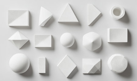 3D rendering of various white geometric shapes on a grey background. Abstract minimalistic design with simple geometric forms, white backdrop. Flat lay, top-view composition for product presentation in an e-commerce concept. Close-up shot. --ar 5:3 --v 6.1 Job ID: 218f9670-a7fc-4be8-bf26-52fd4877718bの素材