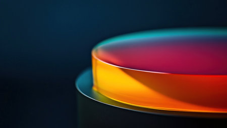 A close-up of the edge of an abstract, rainbow-hued, curved object, with light reflecting off its surface and creating vibrant colors. The background is dark blue, providing contrast that highlights the curves in the foreground. --ar 53:30 --v 6.1 Job ID: 8f0c7d6c-5213-4783-8a14-360153cc9cc2の素材