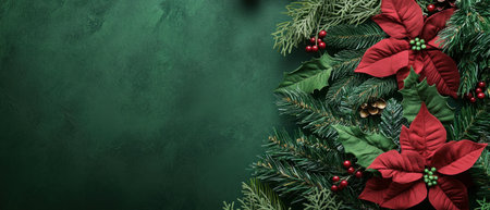A green background with poinsettia and evergreen leaves on the right side, creating an elegant Christmas-themed border or header design. The dark red color of the silk tree adds contrast to the festive atmosphere. This top-down view captures a high-quality photograph that highlights the beauty in detail. --ar 7:3 --v 6.1 Job ID: 1ddcab7f-8659-4e50-bb8e-c0e54db65967の素材
