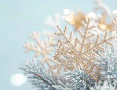 Background with a light blue color, snowflakes, white and gold colors, blurred background, cute, pastel, flat design style, high resolution, professional photography, depth of field, copy space, wide-angle lens, bokeh effect, bright light, beautiful, elegant, delicate. --ar 13:10 --v 6.1 Job ID: 01b5e54d-249a-46f9-acbe-850eabdf3c57の素材