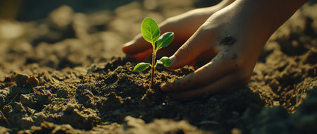 Close-up of hands holding soil with young plant sprouts, an eco-friendly background for an environmental protection day or world food day concept. A person's hand planting a seedling in the garden. Copy space available. High quality image. In the style of Renderman, version 5. --ar 71:30 --v 6.1 Job ID: 7a38fe2d-cb72-49aa-8a97-2bae072e2868の素材