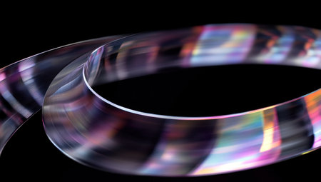 A close-up of a curved rainbow band against a black background, featuring smooth curves, fluid shapes, and gradient colors. The image is rendered in Cinema 4D, with a monochromatic scheme and a metallic sheen, resulting in a sleek and modern aesthetic. The overall design is abstract and high-resolution. --ar 53:30 --v 6.1 Job ID: 6a61273a-b6d4-4ea0-b927-cf5bf7da3678の素材