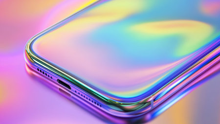 A close-up of the sleek curves and reflective surfaces on an iPhone, set against a backdrop of swirling rainbow colors. The focus is on the contrast between the metallic sheen and soft gradients, creating a sense of depth and dimension in the minimalist design. This composition emphasizes both modern aesthetics and technological sophistication, with a futuristic vibe that's inviting for all ages. --ar 53:30 --v 6.1 Job ID: 1d65f622-e5d8-40ed-ab28-78939e1b5c86の素材