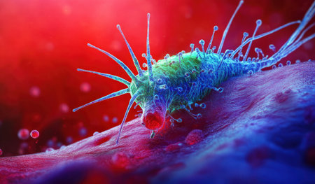 A blue and green bacterium is attacking a red cell in the human body, microscopic view, hyper-realistic illustration, high resolution, red background, high contrast, vibrant colors, detailed textures of cells, medical science style, detailed depiction of the attack on the top left corner of the picture. --ar 17:10 --v 6.1 Job ID: e3aed7a7-ff80-4b6c-a2b4-87de3dc13ed2の素材
