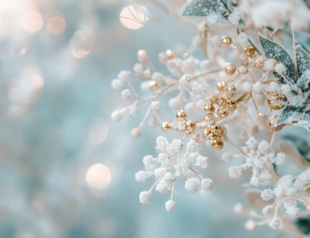 Background with a light blue color, snowflakes, white and gold colors, blurred background, cute, pastel, flat design style, high resolution, professional photography, depth of field, copy space, wide-angle lens, bokeh effect, bright light, beautiful, elegant, delicate. --ar 13:10 --v 6.1 Job ID: 01b5e54d-249a-46f9-acbe-850eabdf3c57の素材