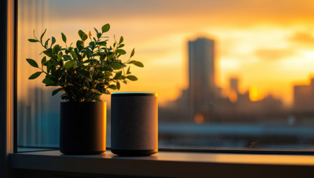 A smart speaker sits on the windowsill, next to it is an indoor plant in front of which stands a black and white matte metallic canister with green leaves inside. The background features a blurred cityscape at sunset, with warm tones creating a cozy atmosphere. A soft light illuminates both items from behind them, highlighting their modern design against the serene backdrop. This scene captures everyday technology seamlessly integrated into home life, enhancing its use for various purposes. --ar 53:30 --v 6.1 Job ID: f9254df2-0e03-426d-9c02-b9fc39faff06の素材