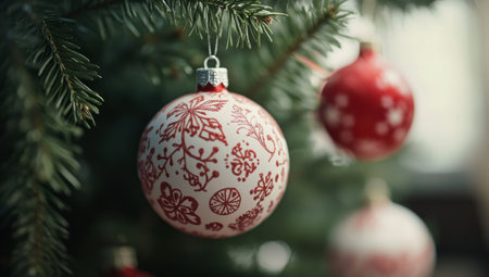 Close-up of festive Christmas ornaments hanging on the tree, including red and white baubles with intricate designs. The background is blurred to highlight the details of each ornament. --ar 53:30 --v 6.1 Job ID: a3eba883-21de-4bdc-89d9-2aa62bd26b55の素材