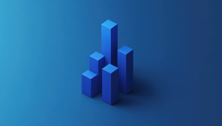 Minimalist, isometric illustration of a blue vertical bar chart on a solid background, with a blue color theme, monochromatic, simple shapes and lines, and minimal details in the style of Jony Ive. Rendered in Blender, 3D, isometric, and isographic. --ar 53:30 --v 6.1 Job ID: 864ea745-49dc-4836-8b69-83542957f4adの素材