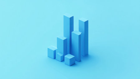Minimalist, isometric illustration of a blue vertical bar chart on a solid background, with a blue color theme, monochromatic, simple shapes and lines, and minimal details in the style of Jony Ive. Rendered in Blender, 3D, isometric, and isographic. --ar 53:30 --v 6.1 Job ID: 864ea745-49dc-4836-8b69-83542957f4adの素材