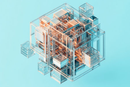 3D isometric rendering of an abstract cube made from metal and glass blocks, on a light blue background, high resolution, high quality, high detail. --ar 3:2 --v 6.1 Job ID: 6aabbdf8-71a3-44b0-aab1-44b3136a8a29の素材
