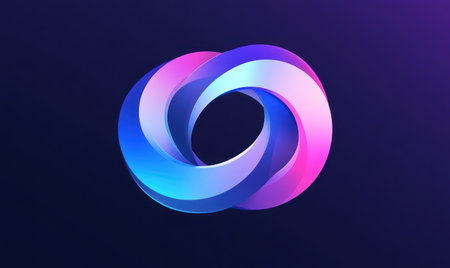 A logo with a blue and purple gradient color, a 3D shape, the main body is three large circular rings overlapping each other in an S-shaped pattern. The overall composition of the circles has a sense of balance, and the inner part contains some abstract geometric shapes, adding visual vitality to it. There is no text or inscription on top. The image is a high-resolution photography in the style of 3D rendering. --ar 5:3 --v 6.1 Job ID: bc4d9e59-1b51-46a4-a381-2a16e37b83f7の素材