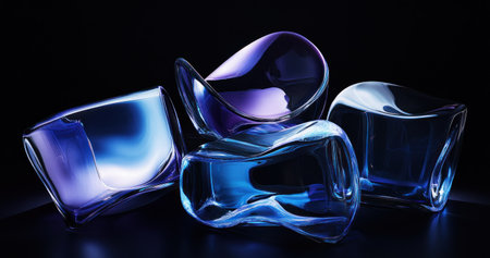 A black background with blue and purple abstract shapes made of glass, forming an intricate pattern. The focus is on the reflective surfaces that create reflections in each other's edges. In front, there is a large square shape made from transparent material. It has rounded corners and sits at various angles against the dark backdrop. There may be subtle lighting effects to enhance its appearance. This composition creates depth through the contrast between lightness and darkness, adding visual interest. --ar 19:10 --v 6.1 Job ID: 974824ea-0c73-49bc-acf3-b2d356c528beの素材