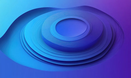 Abstract gradient blue and purple background with 3D shapes in the form of rings. In the center, there is an abstract symbol, a circle or oval with rounded edges, representing digital technology and communication. The colors blend into each other, creating a harmonious effect and a sense of depth. This design creates an atmosphere that reflects innovation and modernity, making it suitable for advertising or promotional materials related to tech products or services. --ar 5:3 --v 6.1 Job ID: 2165cb6d-2388-4b09-bda3-7b097e2f643dの素材