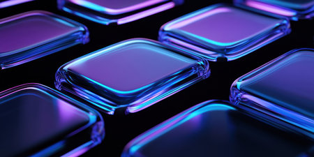 3D render of glass shapes with rounded corners arranged in an elegant and symmetrical pattern, with each shape glowing blue against the black background. The scene is illuminated by soft purple lighting that casts gentle shadows on the glossy surfaces, creating a sense of depth and dimensionality. This composition evokes a futuristic and high-tech vibe, perfect for conveying modernity or technology-themed visuals. --ar 2:1 --v 6.1 Job ID: d3044e1b-05ab-42d7-8060-65fc3c7ac2f3の素材
