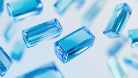 A close-up of transparent blue rectangular glass shapes floating in the air, each shape filled with iridescent holographic colors. The background is white, and the lighting is soft. The style is minimalist and futuristic, with a focus on geometric forms and light refractions. --ar 53:30 --v 6.1 Job ID: 3b6ea12b-525e-4125-a16f-905d545b5a34の素材
