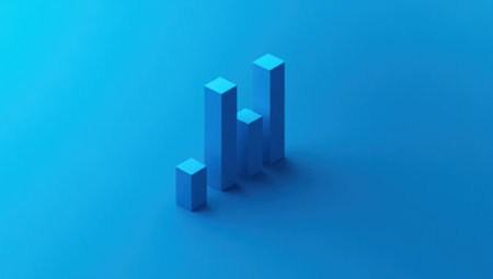 Minimalist, isometric illustration of a blue vertical bar chart on a solid background, with a blue color theme, monochromatic, simple shapes and lines, and minimal details in the style of Jony Ive. Rendered in Blender, 3D, isometric, and isographic. --ar 53:30 --v 6.1 Job ID: 864ea745-49dc-4836-8b69-83542957f4adの素材