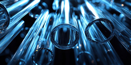 Abstract background with glass tubes, prisms, and light refractions. Dark blue colors, low-angle shot, perspective, depth of field, black background, high-resolution photography. --ar 2:1 --v 6.1 Job ID: a15b9723-bb3c-4f49-a85c-cd8c7b0ee2eaの素材