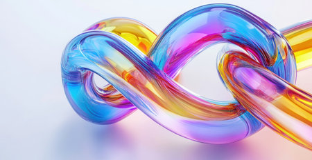 3D render, abstract glass background with twisted shapes and holographic effect on a white background. Close-up of a modern digital illustration of a curved ribbon knot made from transparent glossy tubes in a futuristic style. Hologram light reflection. --ar 29:15 --v 6.1 Job ID: 38b4d9e5-ce6a-4848-8ed7-143b2217e1d6の素材