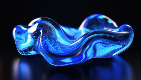 3D render of an abstract fluid blue holographic background, with a gradient and blurred wavy lines and curves on a black isolated background. --ar 53:30 --v 6.1 Job ID: e2bde657-3170-428c-be16-7ce76dc9feccの素材