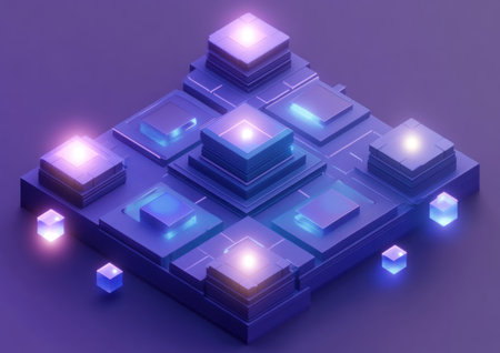 An isometric, minimalist composition of blue squares, cubes, and rectangles stacked on top of each other in an intricate pattern. The lighting is simple, minimal, and soft, with an isometric perspective and a purple background. This is a 3D-style render created using Blender. --ar 7:5 --v 6.1 Job ID: 4d45eafb-74ea-439f-bf72-86fc6d0b94ecの素材