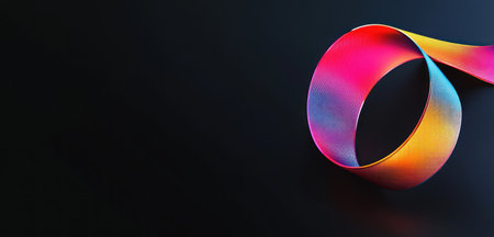 Black background, a colorful gradient ribbon wrapped around the curved shape of an O engaged in digital design work with abstract shapes and lines, volumetric lighting, high resolution, hyper-realistic details, high contrast, wide-angle lens, sharp focus, professional photography, detailed texture, saturated colors, high dynamic range. --ar 21:10 --v 6.1 Job ID: 7da7d52d-4d5b-47b1-a875-0add803aee96の素材