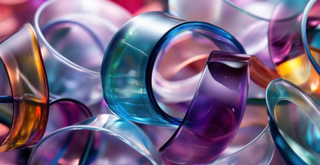 A close-up of iridescent glass ribbons in various shades, arranged to create an abstract background with depth and perspective. The ribbons have smooth curves that form circular shapes on the surface, creating reflections that enhance their colors. This design adds visual interest while emphasizing the elegance associated with these delicate objects. --ar 29:15 --v 6.1 Job ID: 4789e5f2-d73c-41a2-ab01-6c090c363d71の素材