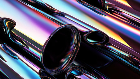 A close-up of chrome curved tubes, their surfaces reflecting the colors and shapes around them in an abstract composition. The dark background accentuates the metallic sheen and rainbow hues of each tube. High-contrast lighting highlights intricate details for a futuristic look. --ar 53:30 --v 6.1 Job ID: ed2cf731-766b-44bb-85ea-602874f911e4の素材