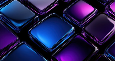 3D render, abstract background with blue and purple glass squares on a black background. Close-up of abstract shapes. Dark scene for design or banner. High resolution. --ar 19:10 --v 6.1 Job ID: 6d742c99-44cb-4647-8081-44523a5b79a5の素材