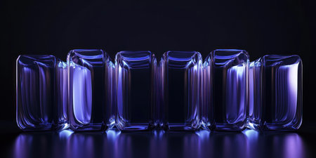 3D render of glass shapes with rounded corners arranged in an elegant and symmetrical pattern, with each shape glowing blue against the black background. The scene is illuminated by soft purple lighting that casts gentle shadows on the glossy surfaces, creating a sense of depth and dimensionality. This composition evokes a futuristic and high-tech vibe, perfect for conveying modernity or technology-themed visuals. --ar 2:1 --v 6.1 Job ID: d3044e1b-05ab-42d7-8060-65fc3c7ac2f3の素材