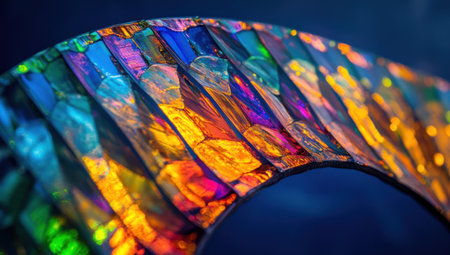 A close-up of the edge of an abstract, rainbow-hued, curved object, with light reflecting off its surface and creating vibrant colors. The background is dark blue, providing contrast that highlights the curves in the foreground. --ar 53:30 --v 6.1 Job ID: 8f0c7d6c-5213-4783-8a14-360153cc9cc2の素材