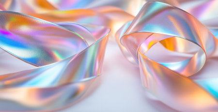 A close-up of metallic ribbons in iridescent colors, swirling and intertwined on an isolated white background, creating a sense of depth with reflections. The focus is sharp to capture the intricate details and textures of each ribbon, with soft lighting highlighting their glossy surface. This design symbolizes unity and joy through the interplay between light and color, in the style of minimalist art. --ar 29:15 --v 6.1 Job ID: 0ab0b7c9-bad8-48c8-9bb9-1dd32b7c4ff2の素材