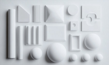 3D rendering of various white geometric shapes on a grey background. Abstract minimalistic composition with copy space, close-up. --ar 5:3 --v 6.1 Job ID: 1ef3ad02-9115-4399-93a2-ca55d6c8f346の素材