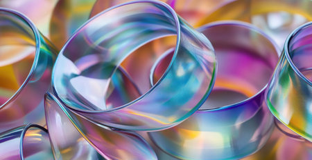 A close-up of iridescent glass ribbons in various shades, arranged to create an abstract background with depth and perspective. The ribbons have smooth curves that form circular shapes on the surface, creating reflections that enhance their colors. This design adds visual interest while emphasizing the elegance associated with these delicate objects. --ar 29:15 --v 6.1 Job ID: 4789e5f2-d73c-41a2-ab01-6c090c363d71の素材