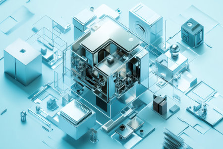 Isometric rendering of an abstract cube with various pieces and sections, each piece is made from different materials like metal or glass. The overall composition creates depth through its complex arrangement. The background color should be light blue to create contrast against the metallic colors. The overall mood should convey innovation and modernity, in the style of product design photography, high resolution. --ar 3:2 --v 6.1 Job ID: 08665f45-36c1-4bfb-bfe2-4282b731c550の素材