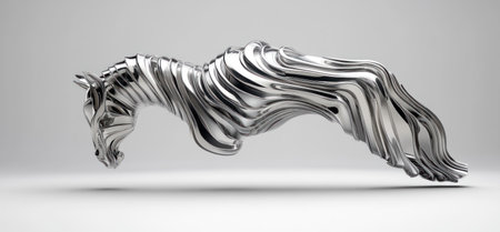 3D render of fluid metallic lines in the shape of an abstract horse tail, rendered on a grey background, high-resolution photography. --ar 32:15 --v 6.1 Job ID: 545347f5-8b84-4ded-96d0-ae5f7e5670beの素材