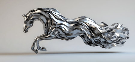 3D render of fluid metallic lines in the shape of an abstract horse tail, rendered on a grey background, high-resolution photography. --ar 32:15 --v 6.1 Job ID: 545347f5-8b84-4ded-96d0-ae5f7e5670beの素材