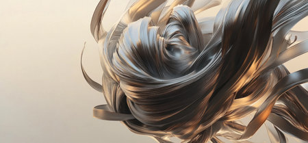 Abstract fluid metal lines in the shape of hair, rendered in Cinema 4D, fluid organic shapes, smooth curves, soft gradient background, gray and brown color scheme. --ar 32:15 --v 6.1 Job ID: 182366c8-a705-4d92-98fb-14fc2556841dの素材