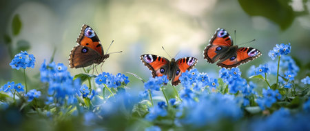 A field of forget-me-nots with butterflies fluttering around, bathed in the soft glow of morning light. The blue flowers create an enchanting backdrop for wildlife to gracefully flit among them. This scene is captured using a Sony Alpha A7 III camera and a macro lens, in the style of a nature photographer. --ar 71:30 --v 6.1 Job ID: 777fe6e5-1706-4be7-98cd-0760ecf3fccdの素材