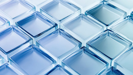 A close-up of multiple blue and white glass squares, with clear edges, with a gradient from light to dark colors, on an isolated background. The overall style is futuristic, minimalist, and technological, with soft lighting and high resolution. It features a three-dimensional design, a sense of technology, geometric shapes, geometric patterns, geometric textures, transparent materials, high-definition images, and no shadows.,,in --ar 53:30 --v 6.1 Job ID: 7d6cd32f-ec8a-403e-82d2-a148611f1bdfの素材