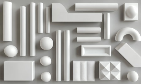 3D rendering of various white geometric shapes on a grey background. Abstract minimalistic composition with copy space, close-up. --ar 5:3 --v 6.1 Job ID: 1ef3ad02-9115-4399-93a2-ca55d6c8f346の素材