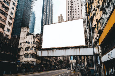 A white, blank billboard on the side of an old building in Hong Kong, surrounded by modern buildings. The billboard is empty and has no text or images on it. It's a wide shot that captures part of another cityscape with tall skyscrapers. There's a sense of urban life around it as people walk past. This photo was taken during daylight, giving off warm tones to enhance its atmosphere. --ar 3:2 --v 6.1 Job ID: 11a5604c-db4d-4b43-9034-ddd4dc94226cの素材