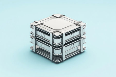 3D isometric rendering of a metal cube with multiple layers, against a light blue background, created using Blender, with silver and grey colors. --ar 3:2 --v 6.1 Job ID: bdcb0e15-03fb-46a8-8e2d-3febfc59e41aの素材